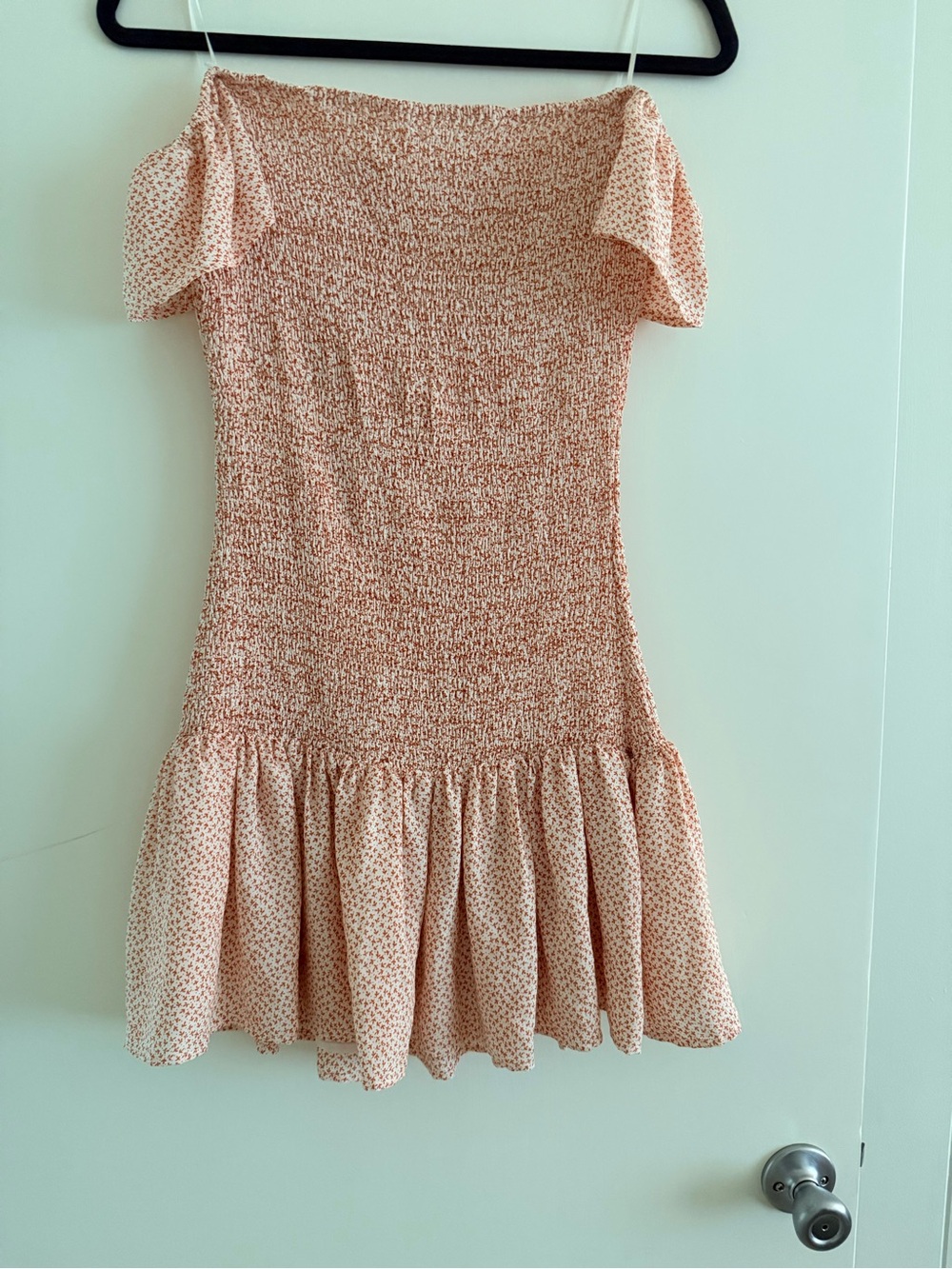 Sage Smocked Off-Shoulder Orange Floral Mini Dress M
